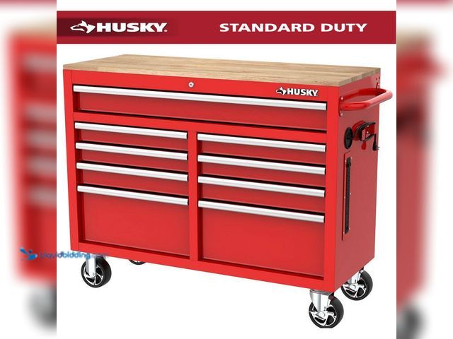 Lot 49-5449060 - Husky
Tool Storage 46 in. W x 18 in. D 9-Drawer Gloss Red Mobile Workbench Cabinet (scuffs and scra...