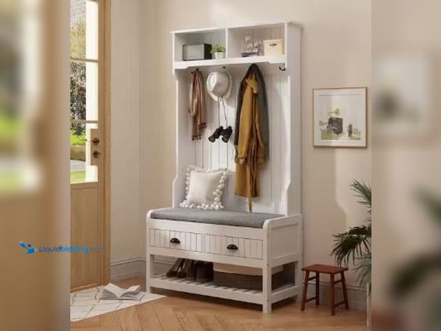Lot 49-1513752 - FUFU&GAGA
68.5 in. White Wood 3-in-1 Hall Tree With Storage Bench, 4-Metal Double Coats and Umbrella...