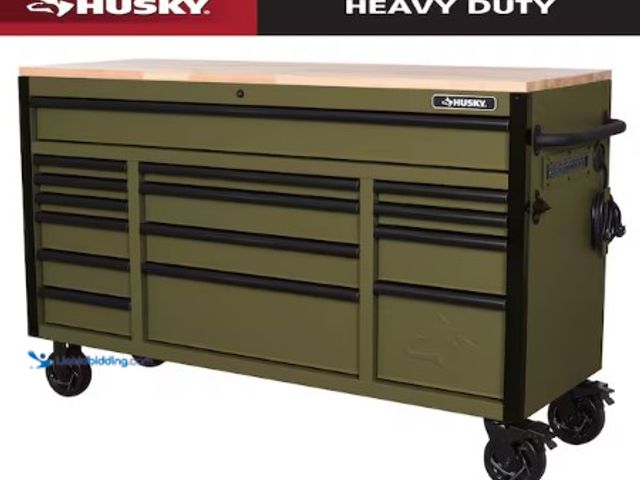 Lot 49-3631247 - Husky Heavy Duty 61 in. W x 22 in. D 15-Drawer Matte Army Green Mobile Workbench Cabinet with Solid ...