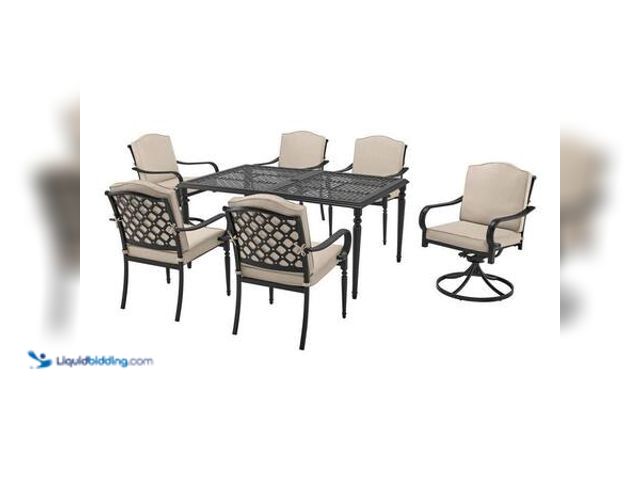 Lot 49-5548918 - Hampton Bay Laurel Oaks Dark Brown 7-Piece Metal Outdoor Dining Set with Cushion Guard Putty Cushion...