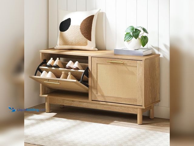 Lot 49-3472038 - HOOBRO Shoe Storage Bench Entryway, Rattan-Like Shoe Bench with Flip Drawers, Narrow Shoe Rack Bench...