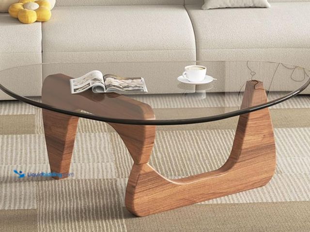 Lot 49-3465336 - Coffee Tables for Living Room - Triangle Glass Coffee Table with Wooden Base Mid-Century Modern Abst...