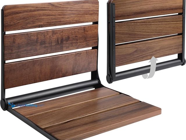 Lot 49-5408093 - Homewell 18" Folding Shower Seat - Wall Mounted Teak Wood, 330lbs Capacity, Matte Black. [ASIN: B0DB...