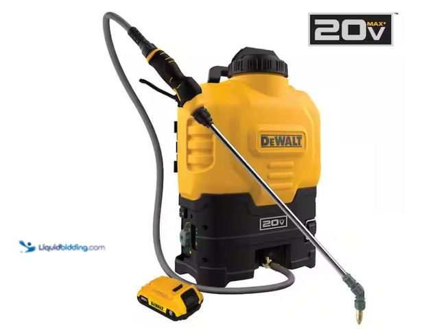 Lot 49-1631848 - DEWALT Lithium-Ion Powered Battery Backpack Sprayer, Model # DXSP190681, New. Has battery, charger a...