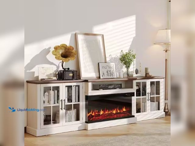 Lot 49-2022249 - Sizzim 98 in. Freestanding Wooden TV Stand with 3-Sided Electric Fireplace and Dual Glass Cabinets i...