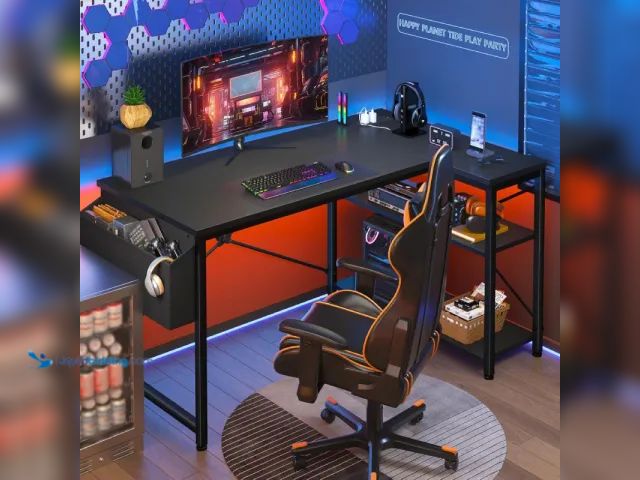 Lot 49-5407499 - Computer Desk L Shaped Gaming Desk with Storage Shelves & Power Outlets, Home Office Desk for Writin...