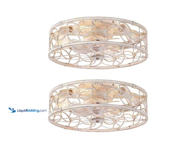 Lot 49-1637962 - (2-PK) 18" Round White Gold Caged Ceiling Fan with Light Kit, Flush Mount, Remote Control, NEW OTV, ...
