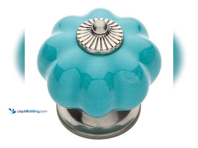 Lot 49-5572184 - QTY 6 - Liberty Ceramic Melon 1-3/4 in. (45 mm) Vintage Satin Nickel and Blue Round Cabinet Knob. Mo...