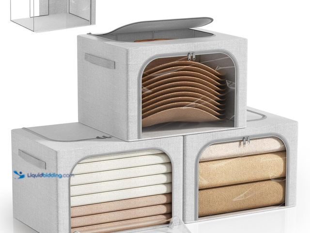 Lot 49-5487583 - Large Size 66L 3 Pack Openings Clothes Storage Bins with Metal Frame, Stackable & Foldable Linen Sto...