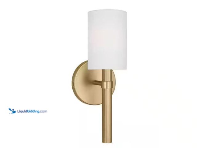 Lot 49-1515719 - SCOTT LIVING Manor Small 1-Light Satin Brass Wall Sconce with a White Linen Fabric Shade, Model # DJ...
