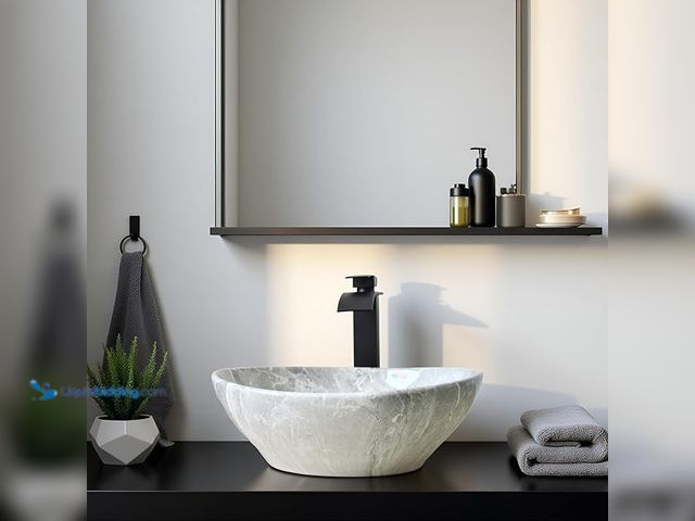 Lot 49-1576842 - Grey Bathroom Sink Oval Vessel Sink with Waterfall Faucet and Drain Combo 16 Inch Marbling Ceramic V...