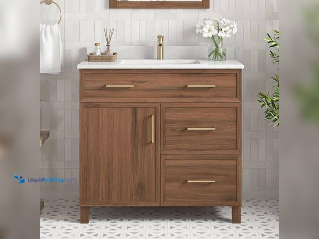 Lot 49-3564000 - Bilston 36 in. Single Sink Freestanding Spiced Walnut Bath Vanity with White Engineered Stone Top (A...