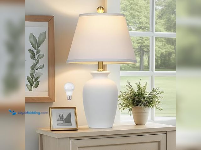 Lot 49-5407720 - 22" White Ceramic Modern Table Lamp with Ginger Jar Design - for Living Room,Dining Room,Bedroom,Off...