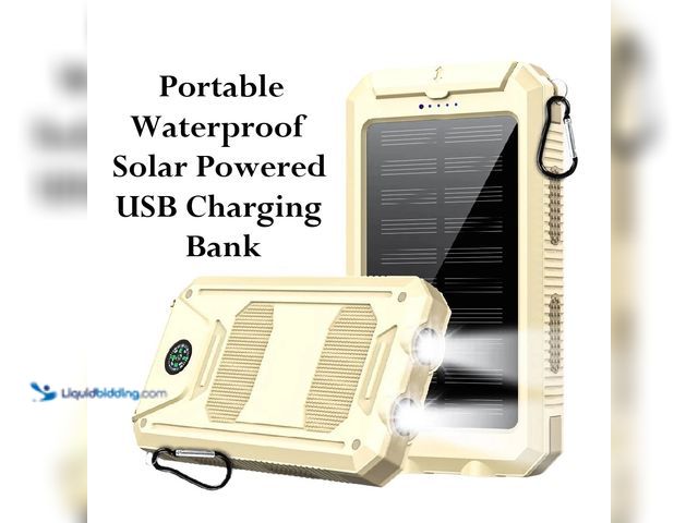 Lot 49-1616199 - Portable Waterproof Solar Powered USB Charging Bank with Dual Output, Compass and Dual LED Flashligh...