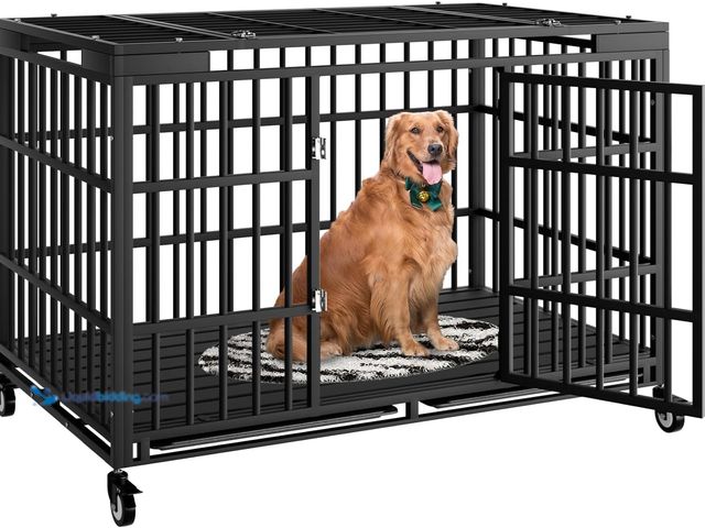 Lot 49-1630657 - Collapsible Heavy Duty 54" Dog Crate with Wheels and Side Door, Model #HTGL-54-BLACK, Unused, Has At...