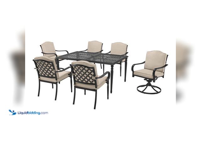Lot 49-5408133 - Hampton Bay Laurel Oaks 7-Piece Dark Brown Steel Outdoor Patio Dining Set with CushionGuard Putty Cu...