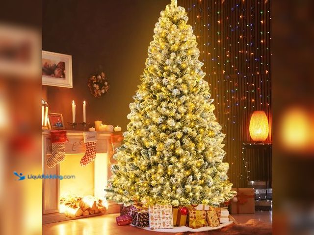 Lot 49-1542300 - IZNEN 6ft Pre-Lit Snowflake Flocked Christmas Tree,8 Modes LED Lights,Artificial Xmas Tree with Stor...