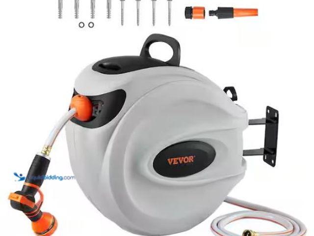 Lot 49-1569018 - VEVOR Retractable Hose Reel 1/2 in. Dia x 130 ft. Garden Water Hose Reel with 9-Pattern Nozzle, 180°...