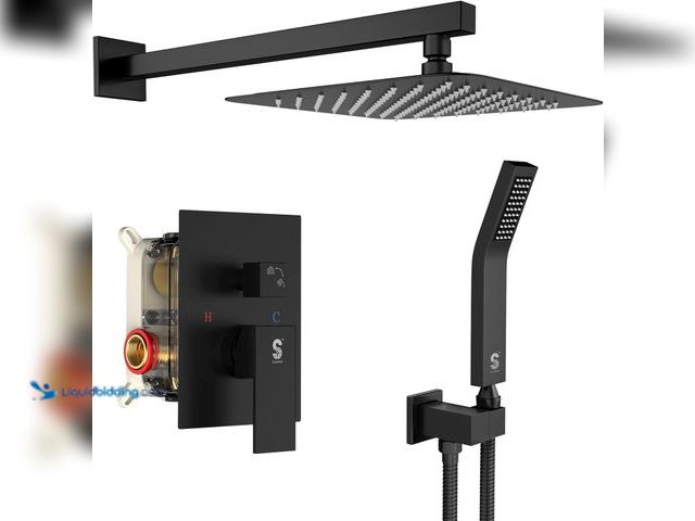 Lot 49-5488403 - SR SUN RISE Black Square Rainfall Shower Head and Handle Set, Wall Mounted Shower Fixtures, Metal Sh...