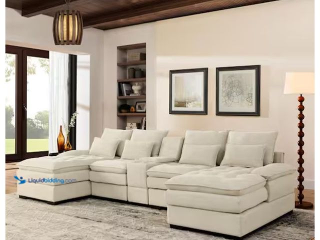 Lot 49-1592414 - Noble House Martina 130 in. Fabric U-Shaped Sectional Sofa in Beige with Console, Cup Holders, Model...