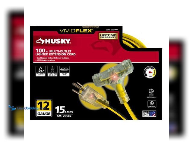 Lot 49-3528633 - Husky VividFlex 100 ft. 12/3 Heavy Duty Indoor/Outdoor Triple Tap Extension Cord with Lighted Ends, ...