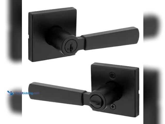 Lot 49-1573125 - Kwikset Perth Matte Black Reversible Square Straight Keyed Entry Door Handle featuring SmartKey Tech...