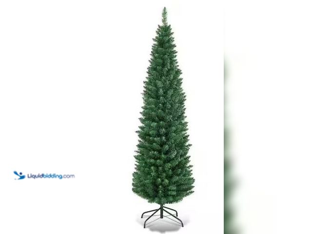 Lot 49-1539992 - Costway 6 ft. PVC Unlit Artificial Slim Pencil Christmas Tree with Stand Home Holiday Decor Green Mo...