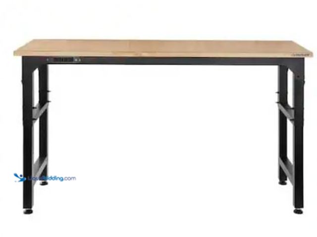 Lot 49-1521648 - Husky 72 in. W x 23 in. D Adjustable Height Black Workbench, Solid Wood Top for Heavy Duty Welded St...