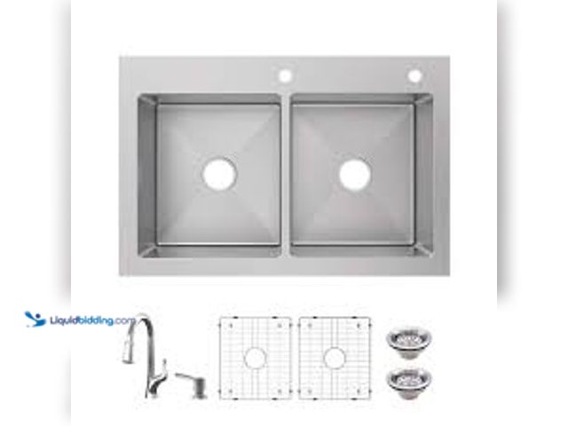 Lot 49-5461071 - Glacier Bay Dolancourt Tight Radius 33 in. Drop-In 50/50 Double Bowl 18 Gauge Stainless Steel Kitche...