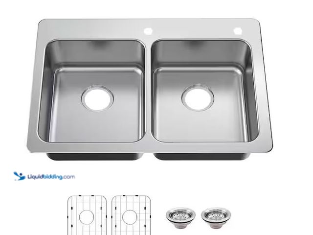 Lot 49-5551687 - Glacier Bay
Bratten 33 in. Drop-In 50/50 Double Bowl 18 Gauge Stainless Steel Kitchen Sink with Acc...