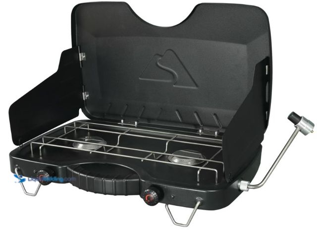 Lot 49-1625801 - Ozark Trail 2-Burner Propane Gas Camping Stove, Black, Model # GCT2208WB, Unused, Unable to test.  R...