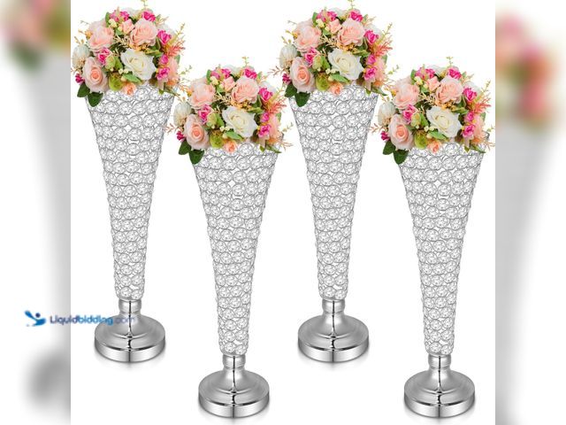Lot 49-3513507 - Rtteri 4 Pcs 20 Inch Tall Crystal Vase for Centerpieces Wedding Metal Crystal Trumpet Flower Vase St...