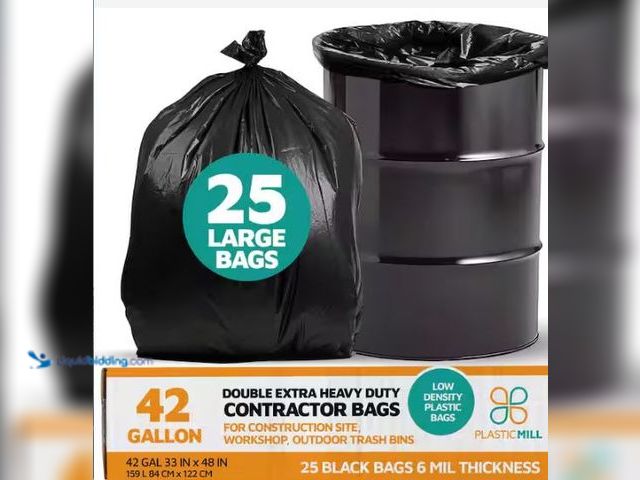 Lot 49-1549342 - PlasticMill 33 in. W x 48 in. H. 42 Gal. 6 mil Black Contractor Bags (25-Count), Model # PM-3348-6-B...