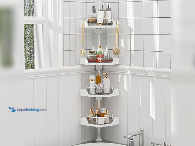 Lot 49-5448527 - 4 Tier Corner Shower Caddy Tension Pole with Hooks, 360° Rotating Rustproof Bathtub Shower Organizer...