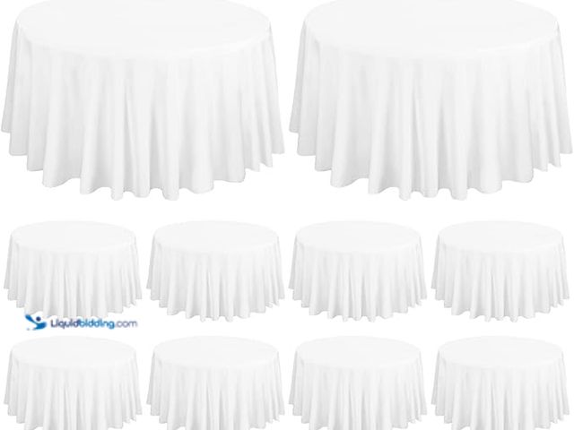 Lot 49-3482652 - Fani 10 Pack 120 Inch Round White Polyester Tablecloth, Wrinkle & Stain Resistant, Perfect for 8ft R...