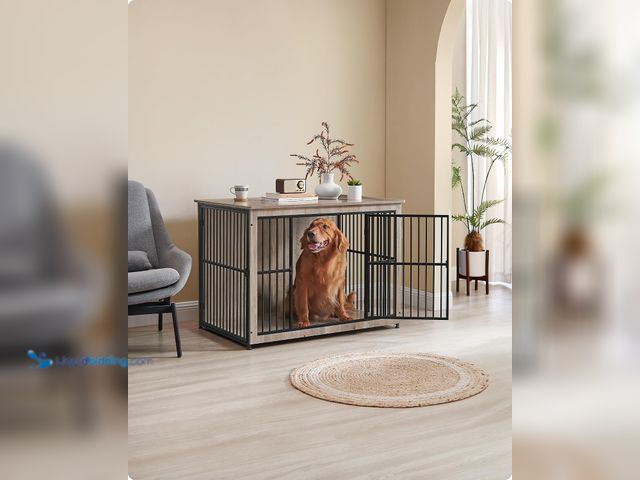 Lot 49-3565438 - Feandrea Dog Cage Furniture, Side Table, Modern Dog Kennel up to 37 kg, Solid Dog Cage with Solid Bo...