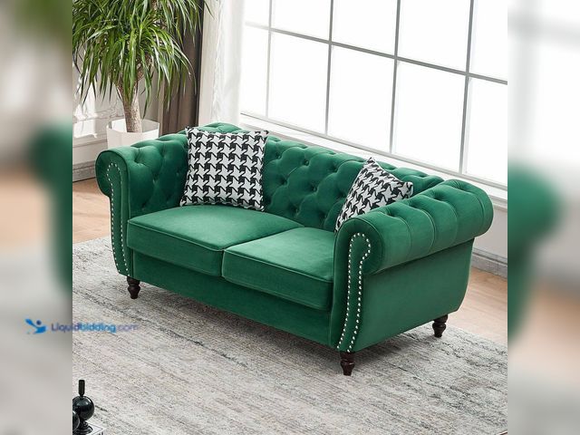Lot 49-5512080 - (QTY: 2) Noble House Rex 67 in. Rolled Arm Chenille Rectangle 2 Seater Sofa in Green with Nailhead T...