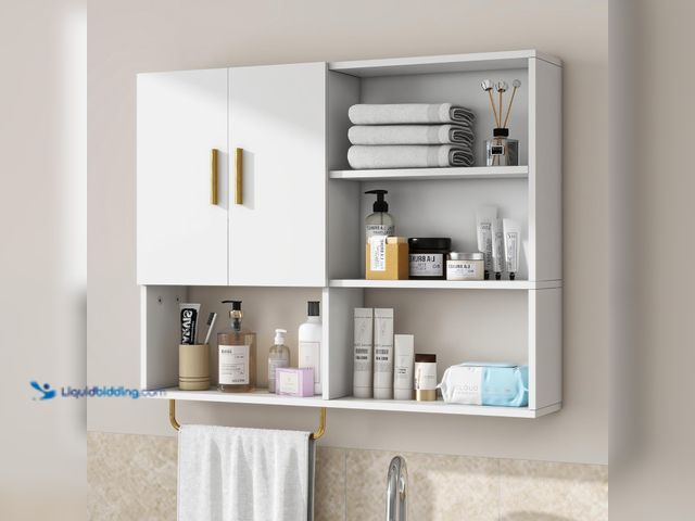 Lot 49-3535370 - Bathroom Wall Cabinet Wood Large Wall Mounted Medicine Cabinet with 2 Doors and 4 Open Shelves Over ...