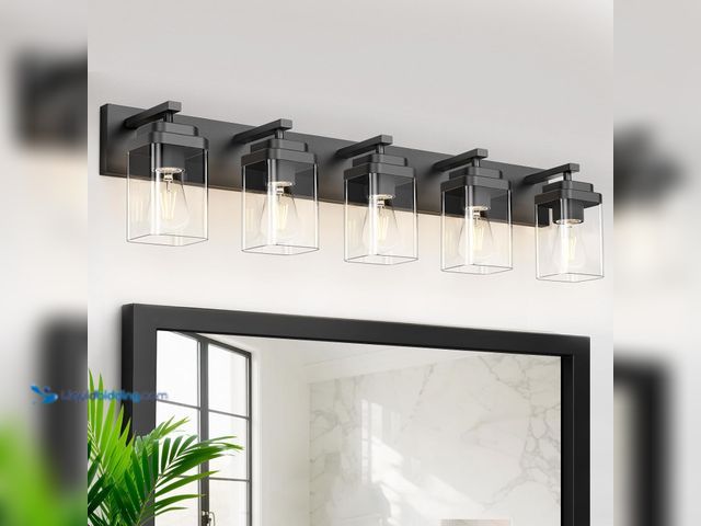 Lot 49-5546066 - Black Bathroom Light Fixtures, 5 Lights Bathroom Lighting Fixtures Over Mirror, Square Design & Rect...