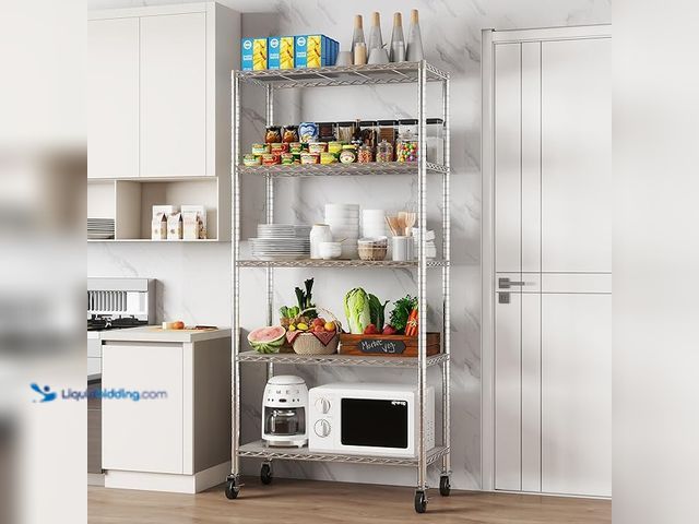 Lot 49-1550474 - ‎EZPEAKS Chrome 5-Shelf Shelving Unit on 3'' Wheels with Shelf Liners Set of 5, NSF Certified, Adjus...