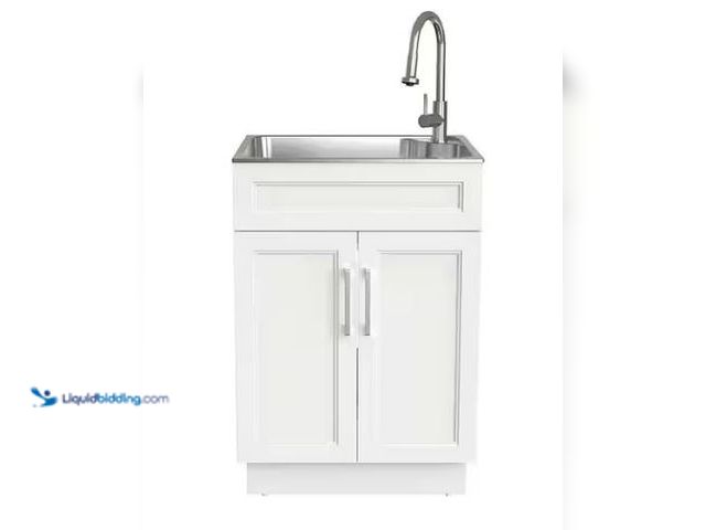 Lot 49-1569350 - Glacier Bay 24 in. Drop-In Stainless Steel Laundry Sink with Assembled Cabinet in White with Faucet,...