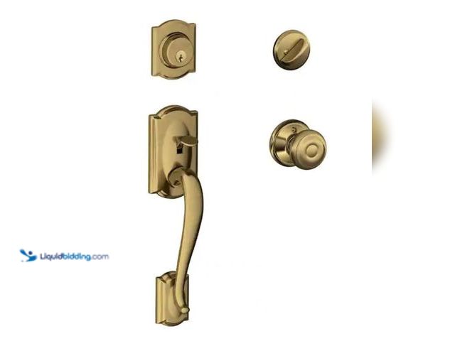 Lot 49-2005788 - Schlage Camelot Antique Brass Single Cylinder Door Handleset with Georgian Knob, Model # F60 G CAM 6...