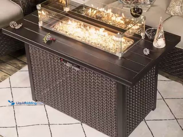 Lot 49-1525562 - Nuu Garden Brown 43 in. 50000 BTU Rectangular Aluminum Propane Outdoor Fire Pit Table with Glass Win...