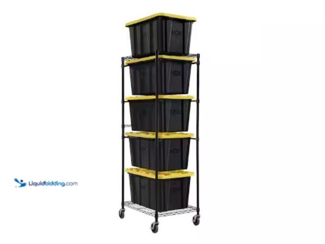 Lot 49-2025371 - HDX Steel Wire Garage Storage Bin Rack with Casters for 27 Gal. Tough Totes in Black (22 in. W x 69 ...