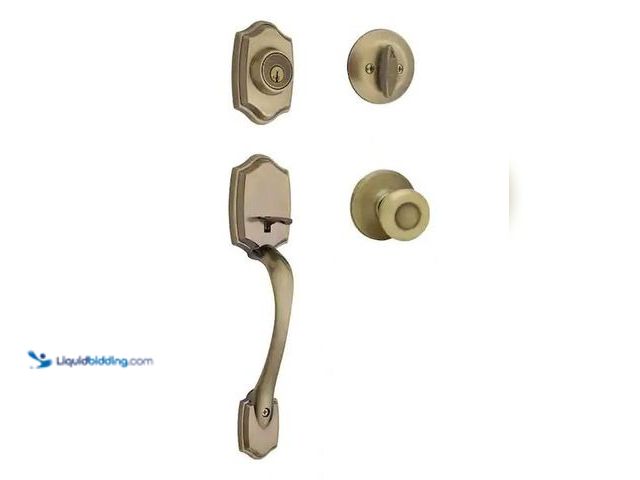 Lot 49-1556636 - Kwikset Belleview Antique Brass Single Cylinder Door Handle set with Tylo Door Knob Featuring Smart ...