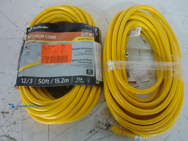 Lot 49-3617080 - Southwire Set of (2) 50 ft. 12/3 SJTW Hi-Visibility Outdoor Heavy-Duty Extension Cord with Power Lig...