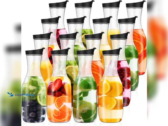 Lot 49-5408668 - Skylety 16 Pcs 50 oz Clear Water Carafe with Flip Top Lid, Plastic Juice Containers Mimosa Bar Suppl...