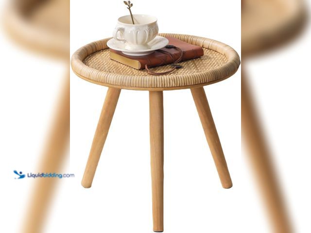 Lot 49-5410358 - Rattan Round Coffee Table, Boho Circle Side Table End Table for Living Room, Small Mid Century Accen...