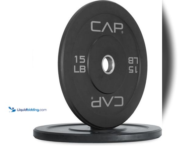 Lot 49-5463151 - (2) 15lb CAP Barbell Rubber Olympic Bumper Plate | Gray Letters Unused