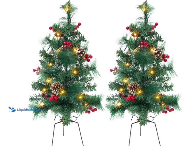 Lot 49-1542943 - 24in Artificial Christmas Trees Set of 2 Pre-Lit Mini Christmas Trees with 30 LED Lights, Pine, Berr...